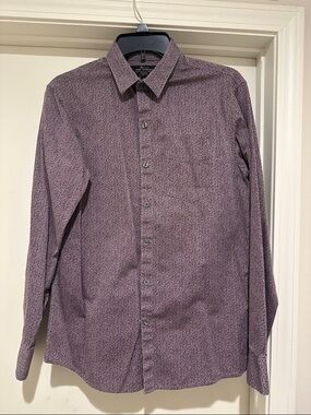 Men's Long-Sleeve Patterned Dress Shirt - Burgundy mixed with blue/gray colors